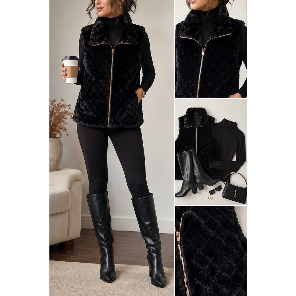 Carmen Marc Valvo Faux Fur Vest 2X Black Quilted Mob Wife Glam Zip Up Old Money